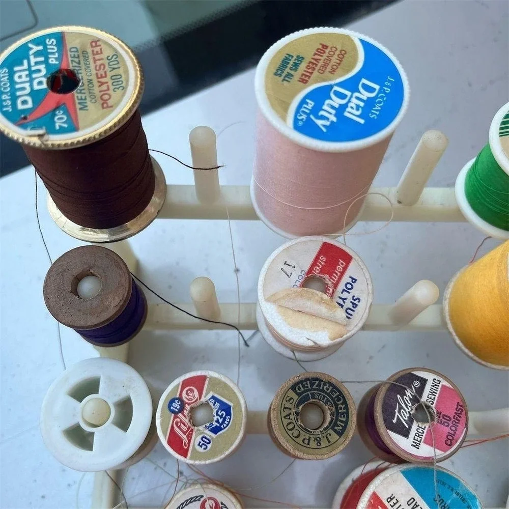 Vintage Sewing Thread Organizer with Assorted Spools Multi-Color